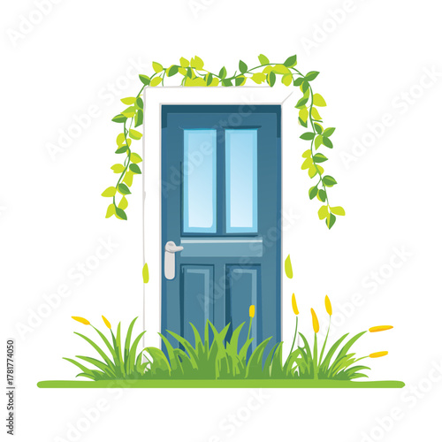 Shabby chic blue front door adorned with hanging vines Plants, portraying a fresh, airy, and idyllic coastal or cottage home entrance scene