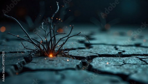 Underground detonator wires, seismic activity, controlled demolition, earth disturbance Thick, insulated electrical wires emerging from cracked, dry earth. Subtle dust motes are in the air, and the