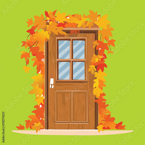 Warm autumn scene with a brown door flanked by vibrant red and yellow vine Plants and gourds