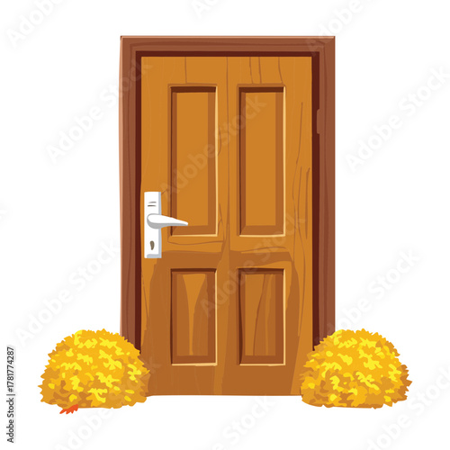 Single brown wooden door with gold handle and ornamental yellow Plants and gourds on the stoop