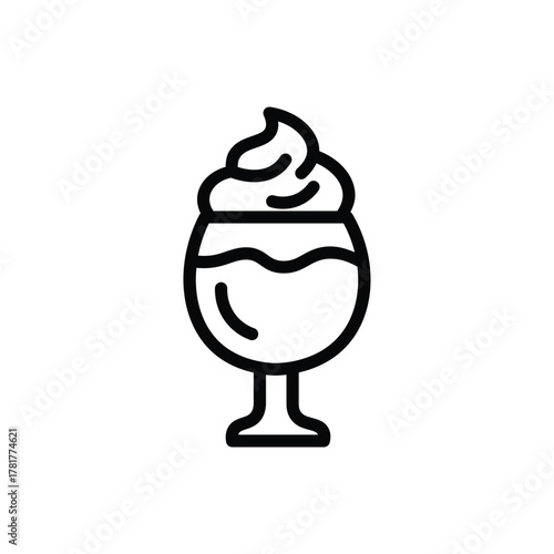 Iced coffee drink line icon, tall glass with straw and whipped cream topping, representing frappe, iced latte, or cold beverage, perfect for cafe and drink menu design