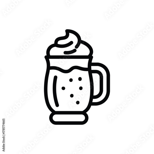 Iced coffee drink line icon, tall glass with straw and whipped cream topping, representing frappe, iced latte, or cold beverage, perfect for cafe and drink menu design