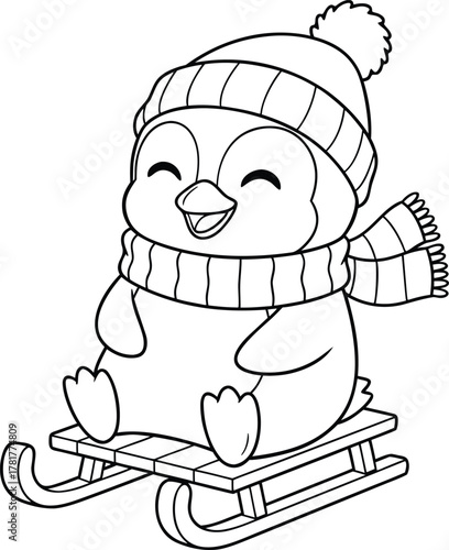 Happy Penguin Sledding in Winter Outline