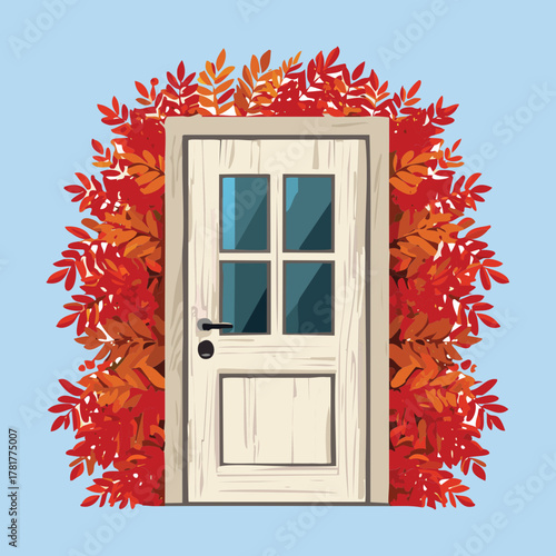Bright white door with multiple glass panes contrasted by a vibrant wreath of dense red and orange leaf Plants for a striking fall entrance