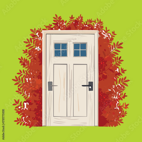 Classic white paneled door with window glass framed by a rich, continuous border of deep red autumn foliage Plants
