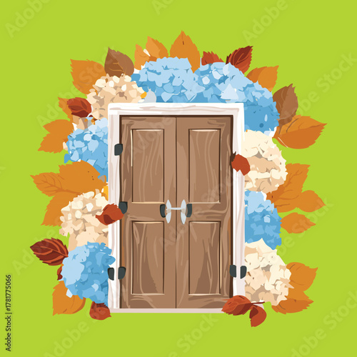 Charming wooden panel door enveloped by colorful hydrangea Plants and crisp autumn foliage, symbolizing a welcoming and vibrant seasonal transition