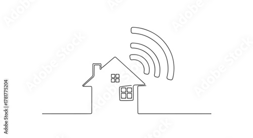 A sleek, minimalist one line drawing illustrating a smart home with strong continuous Wi-Fi signals, representing modern connected living and future technology and automation