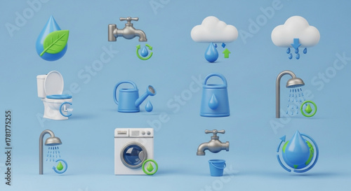A set of 3d rendered icons representing water conservation, including a water drop with a leaf, faucet, toilet, watering can, shower, and washing machine