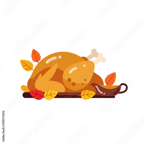 Traditional roasted turkey dinner with gravy and autumn leaves, a classic Thanksgiving holiday feast illustration on a white background