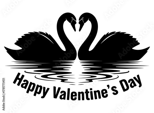 Elegant Black Swan Couple Forming Heart Shape with Happy Valentine's Day Text in Water