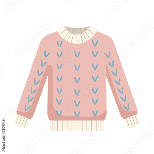 Cute pink sweater illustration with blue decorative elements, perfect for winter fashion designs
