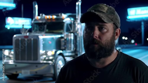 Truck driver in cap at night, highway, semi truck parked, restaurant sign lit; concept