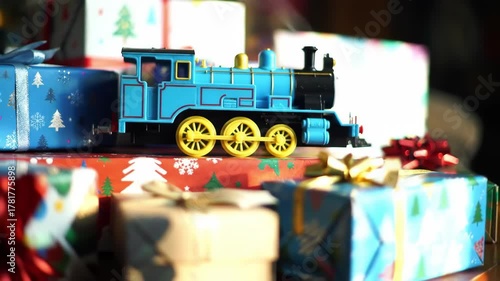 Toy train on Christmas presents, scene focuses on festive gift giving in foreground. Possible use holiday cards