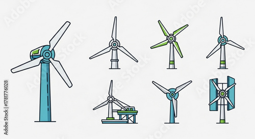 Wind turbine icons set of linear icons of wind turbine, wind farm, wind energy, renewable energy, green energy