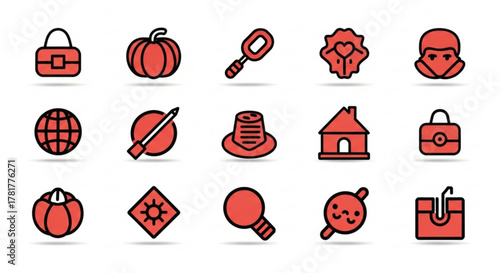 Collection of red line icons with black outline, symbolizing various objects and concepts