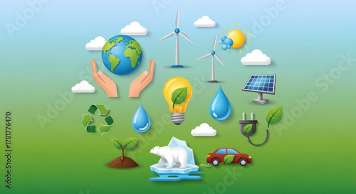 A vibrant illustration showcasing various elements of environmental conservation, renewable energy, and sustainable living for a healthier planet