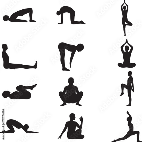 set of silhouettes of yoga pose illustration