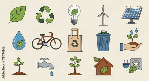 Ecofriendly lifestyle icons showcase sustainable practices, renewable energy, and waste reduction, promoting a greener and more environmentally conscious world