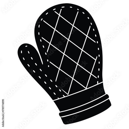 Black Oven Mitt With Quilted Pattern And Stitched Edges On White Background baking glove kitchen mitt