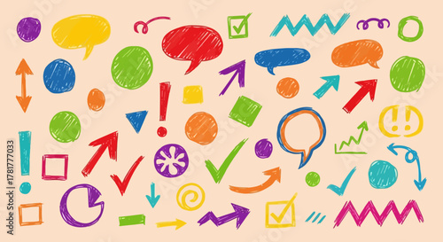 Collection of colorful hand drawn doodle icons and symbols on a light background representing ideas and communication
