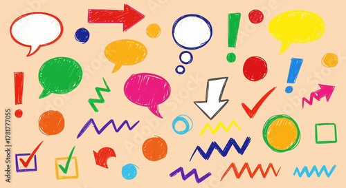Collection of colorful hand drawn speech bubbles thought bubbles arrows and punctuation marks on a light background