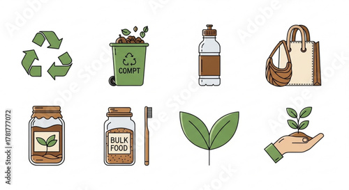 Set of zero waste lifestyle vector icons eco friendly living, recycling, composting, reusable items and sustainable practices