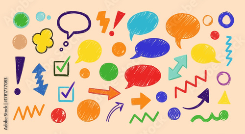 Collection of colorful hand drawn speech bubbles exclamation marks arrows and checkmarks on a light background