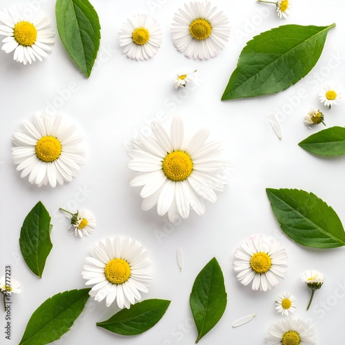 A serene arrangement of white daisies and green leaves on a clean surface, evoking tranquility and nature