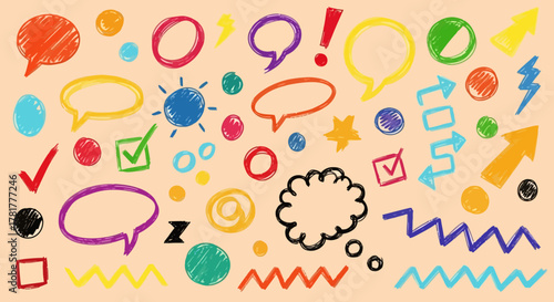 Collection of colorful hand drawn speech bubbles thought bubbles checkmarks arrows and abstract shapes on a light background