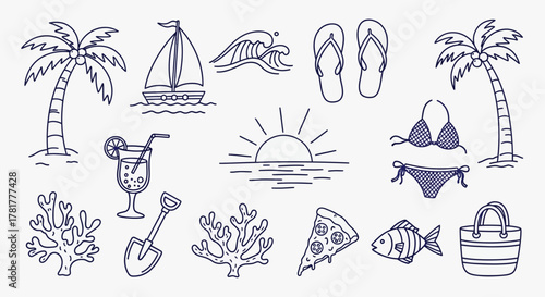 Collection of hand drawn blue line art summer vacation beach and tropical icons on white background