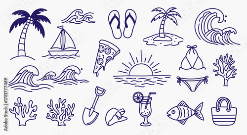 Collection of hand drawn summer vacation and beach icons in a simple blue outline style