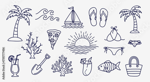 Collection of hand drawn summer vacation and beach icons with palm trees sailboat flip flops and ocean waves
