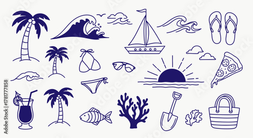 Collection of hand drawn summer vacation beach and tropical doodles on white background