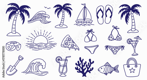Collection of hand drawn summer beach vacation icons and symbols for tropical getaway