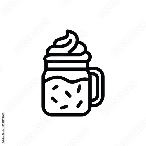 Iced coffee drink line icon, tall glass with straw and whipped cream topping, representing frappe, iced latte, or cold beverage, perfect for cafe and drink menu design