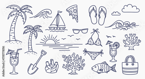 Collection of hand drawn summer vacation beach and tropical doodles on white background