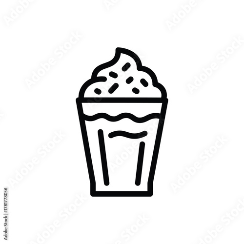 Iced coffee drink line icon, tall glass with straw and whipped cream topping, representing frappe, iced latte, or cold beverage, perfect for cafe and drink menu design