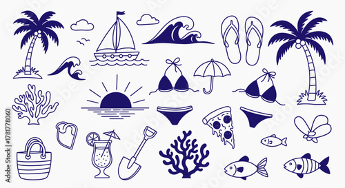 Collection of hand drawn summer beach vacation doodles including palm trees waves swimwear and food