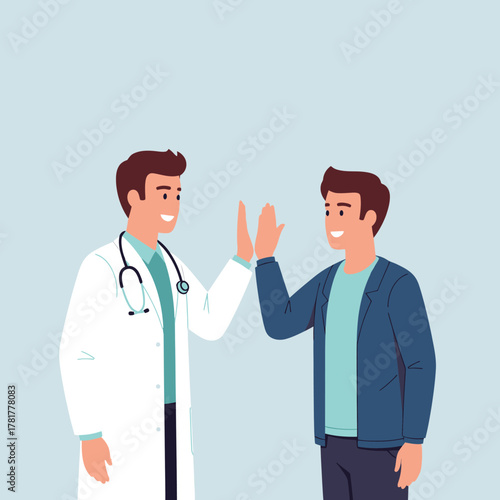 A smiling male doctor in a white coat gives a high-five to his happy young male patient.