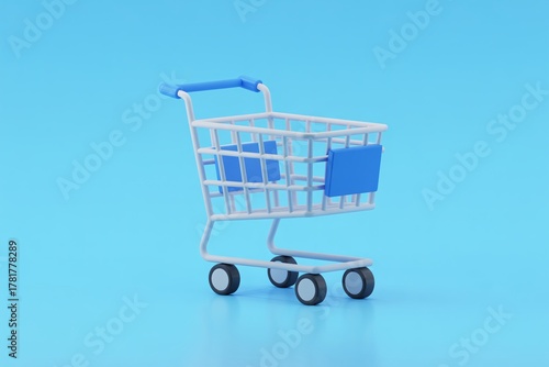 Shopping cart icon blue handle metal frame wheels background surreal fantasy retail design