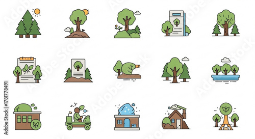 Set of tree and forest icons nature conservation and environmental protection concept vector illustration