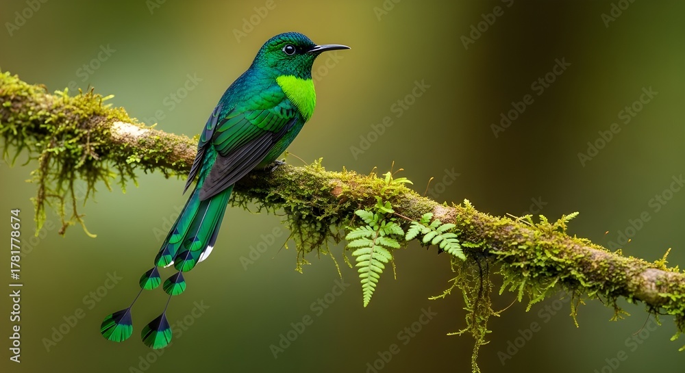 Fototapeta premium Emerald bird perched on a mossy branch in nature