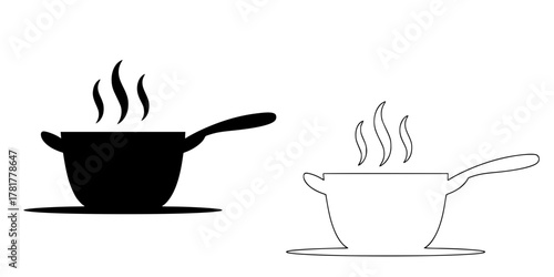 Vector Illustration of a Cooking Pot with Steam Icon in Solid Silhouette and Line Art Style, Kitchen Utensil for Food Preparation, Hot Meal Symbol, Black and White Design