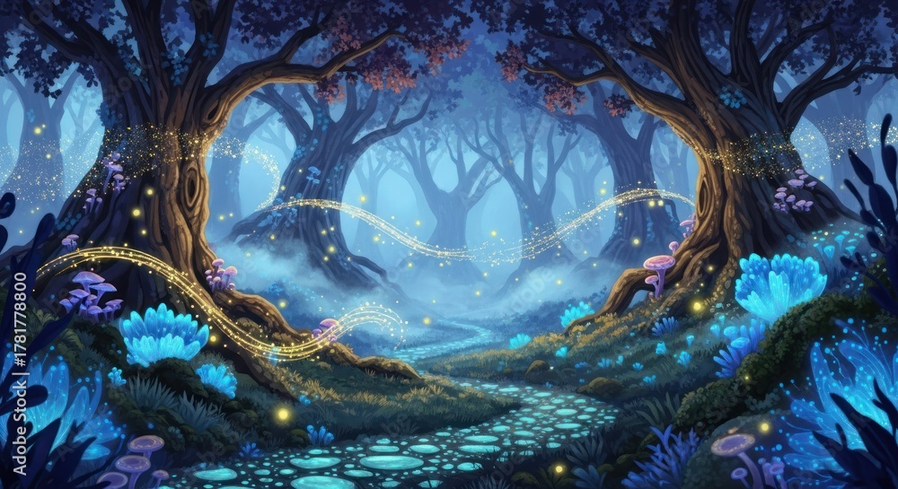 Fototapeta premium A mystical forest with glowing fireflies and fairy lights, with a pathway leading through the trees.