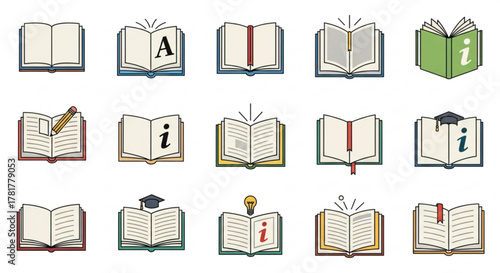 Illustration of various open book icons, showcasing different styles and symbols related to reading and knowledge