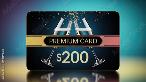 Premium card showing $200 value with champagne glasses illustration  