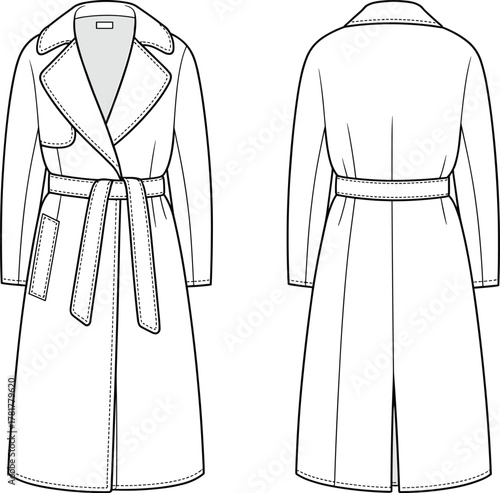 PrintFashion flat sketch of elegant long belted trench coat with lapel collar, front pockets, and back slit, technical clothing illustration