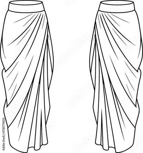 PrintFashion flat sketch of elegant draped long skirt, front and back view, modern wrap style design, professional clothing illustration, couture fashion