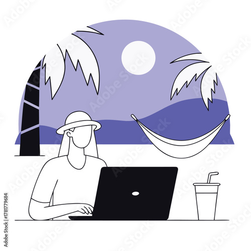 Fashionable digital nomad working remotely with laptop and coffee