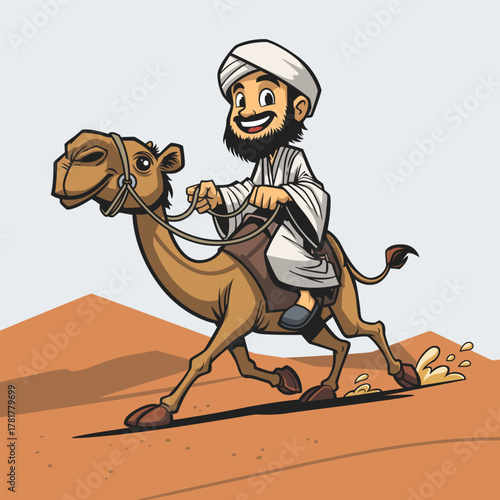 Happy Cartoon Man Riding a Camel Through the Desert